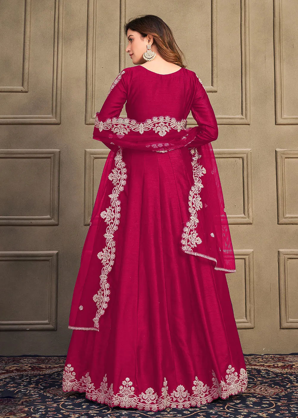 Stylish Pinkish Red Art Silk Floor Length Anarkali Dress