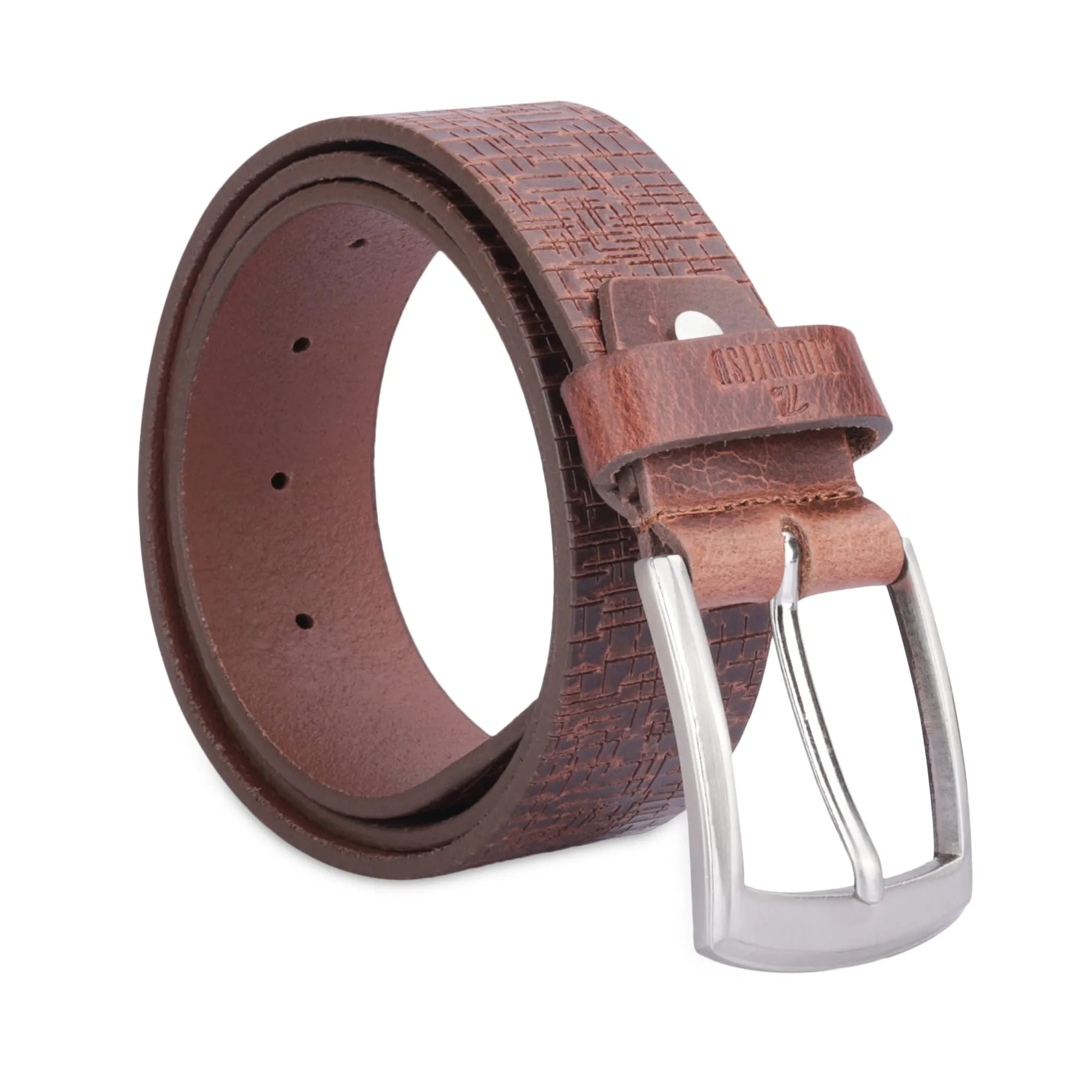 THE CLOWNFISH Men's Genuine Leather Belt with Textured Design- Tan (Size-40 inches)