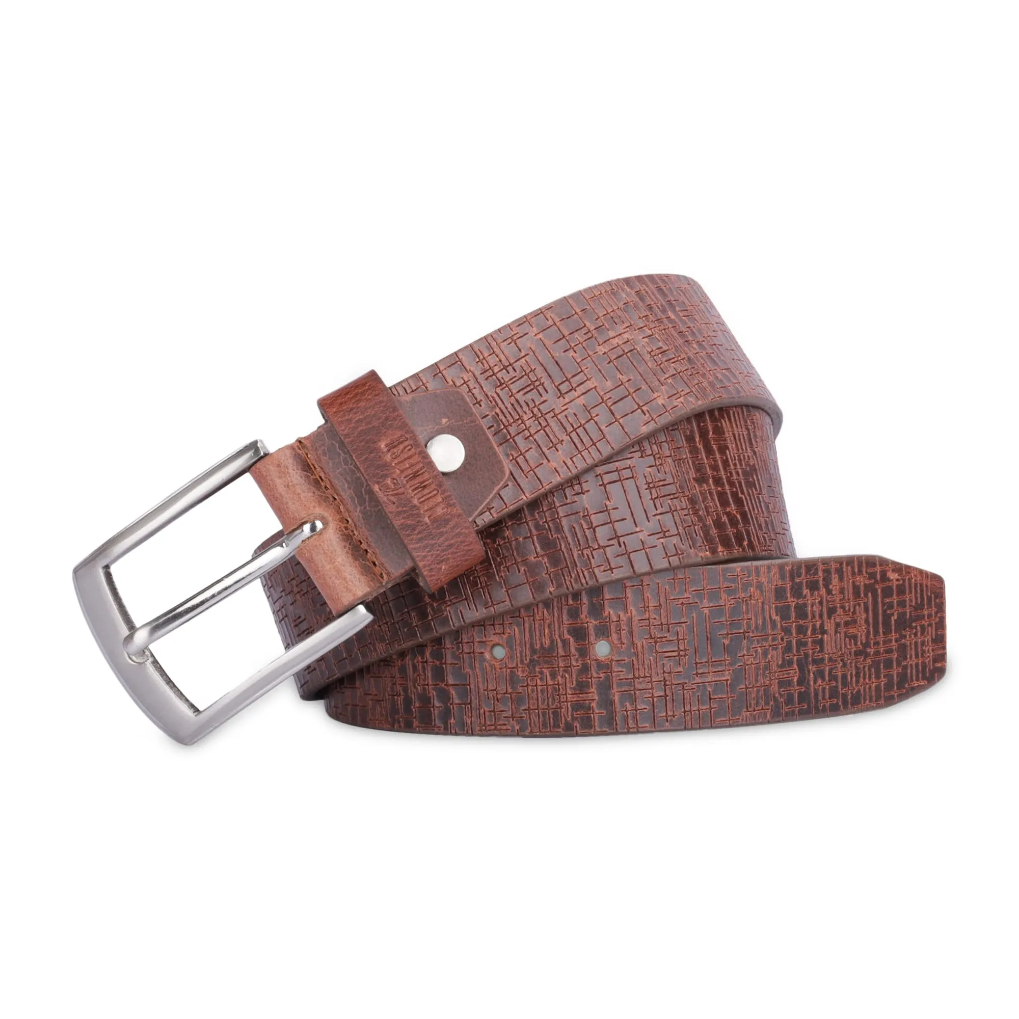 THE CLOWNFISH Men's Genuine Leather Belt with Textured Design- Tan (Size-40 inches)