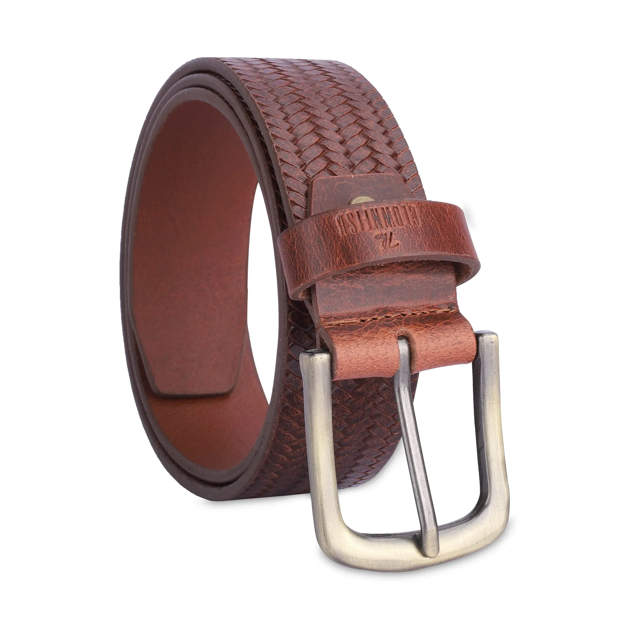 THE CLOWNFISH Men's Genuine Leather Belt with Textured/Embossed Design-Tan (Size-32 inches)