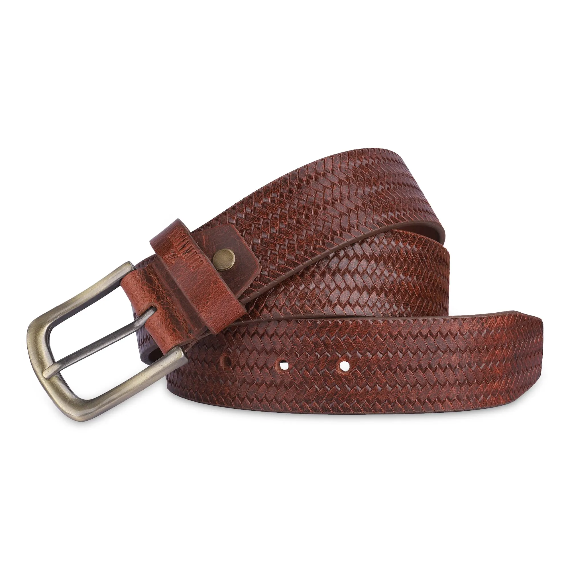 THE CLOWNFISH Men's Genuine Leather Belt with Textured/Embossed Design-Tan (Size-32 inches)