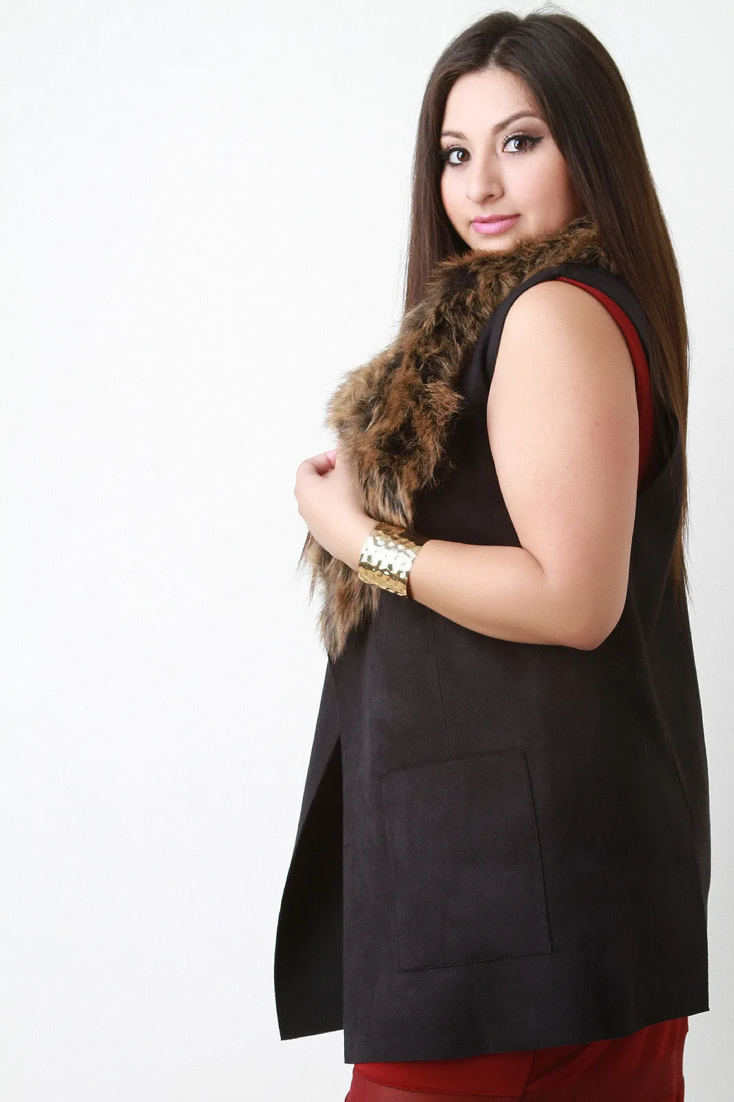 Vegan Suede Fur Collar Vest