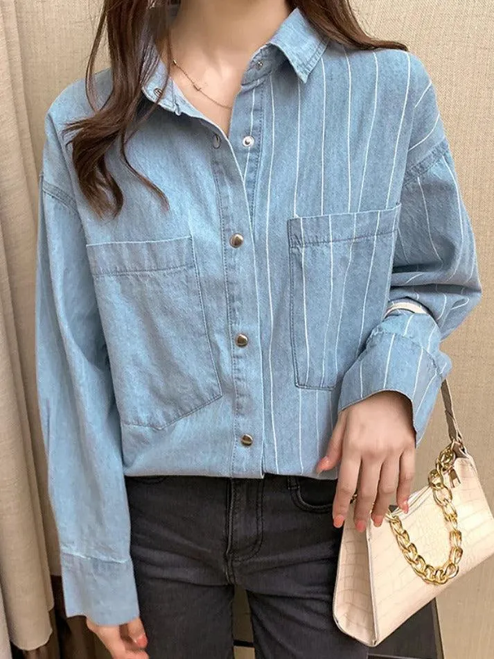 Vintage Striped Splice Denim Blouses&Shirts