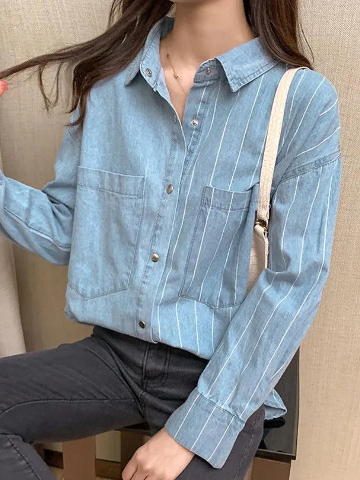 Vintage Striped Splice Denim Blouses&Shirts