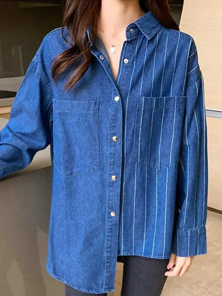 Vintage Striped Splice Denim Blouses&Shirts