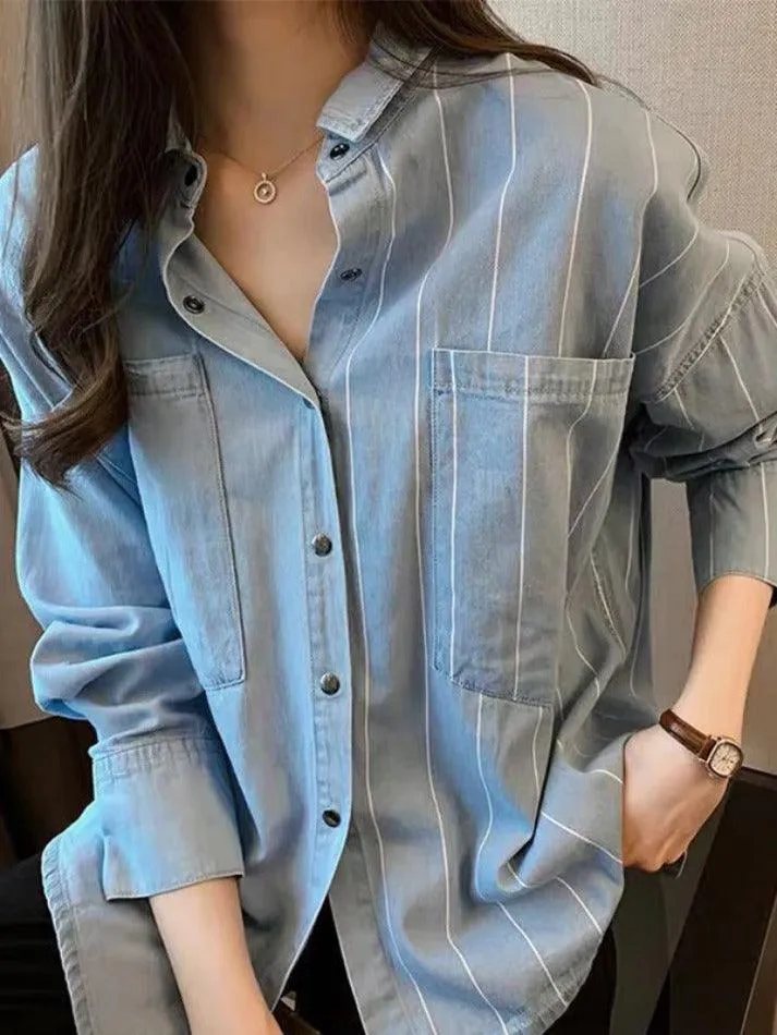 Vintage Striped Splice Denim Blouses&Shirts