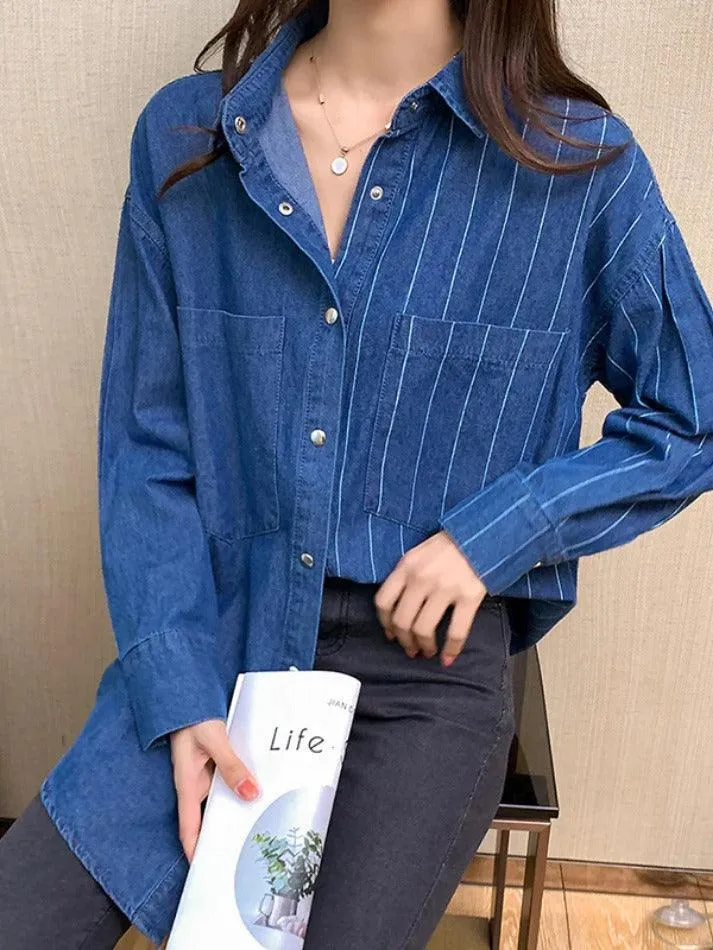 Vintage Striped Splice Denim Blouses&Shirts