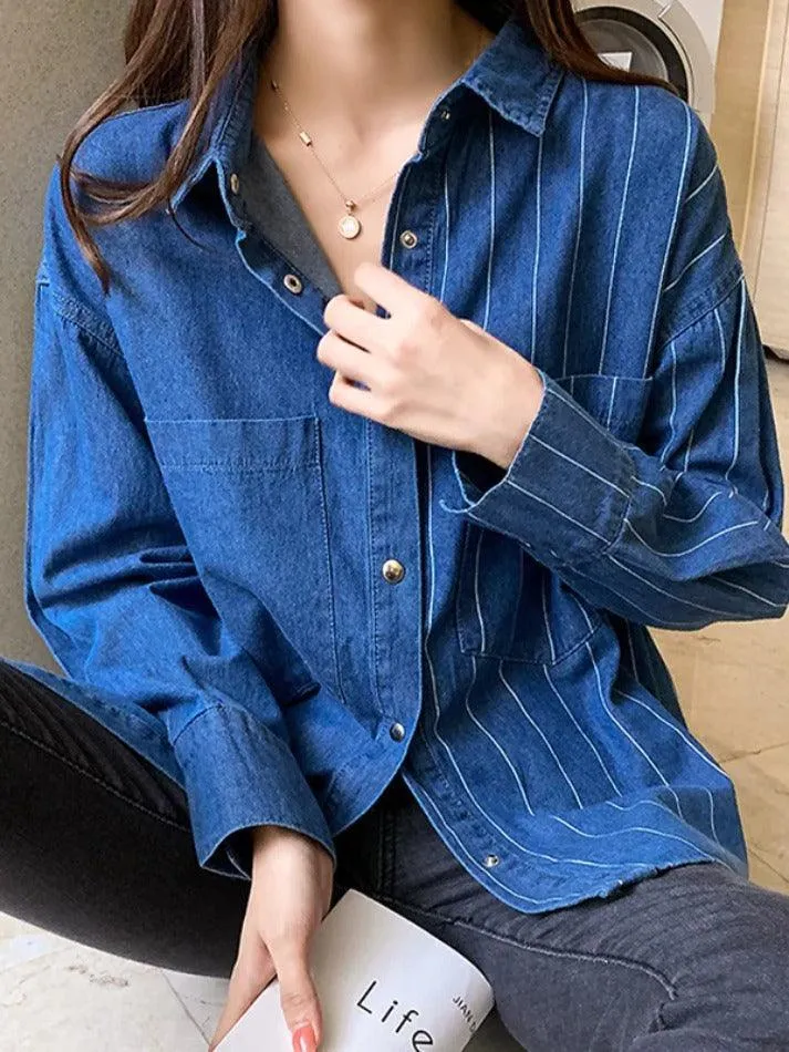 Vintage Striped Splice Denim Blouses&Shirts