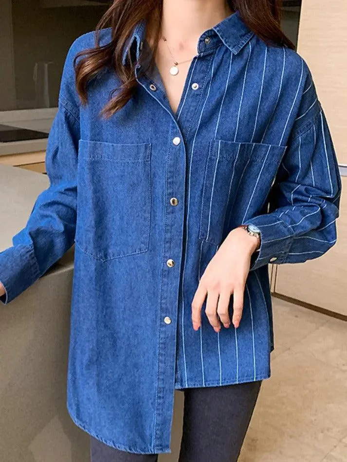 Vintage Striped Splice Denim Blouses&Shirts