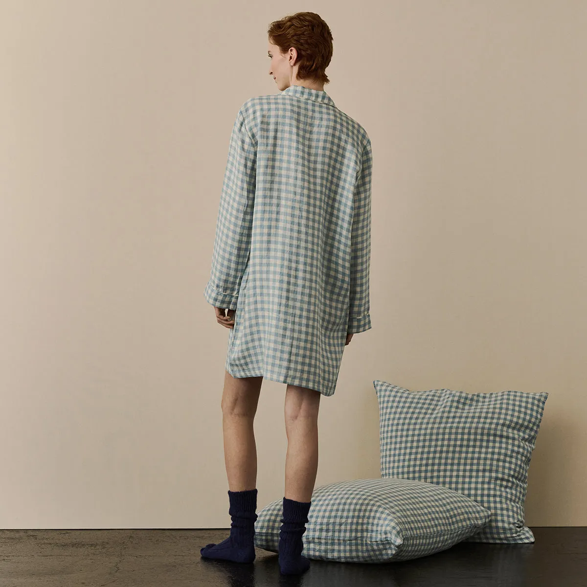 Warm Blue Gingham Linen Night Shirt