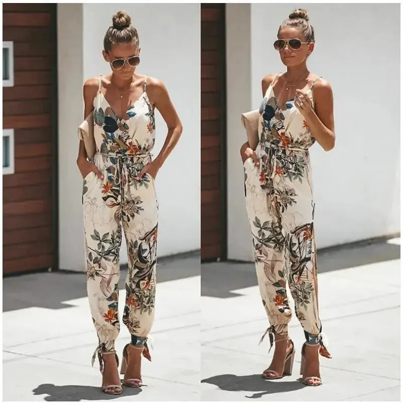 Women's Jumpsuit Flowers Print Spaghetti Strap