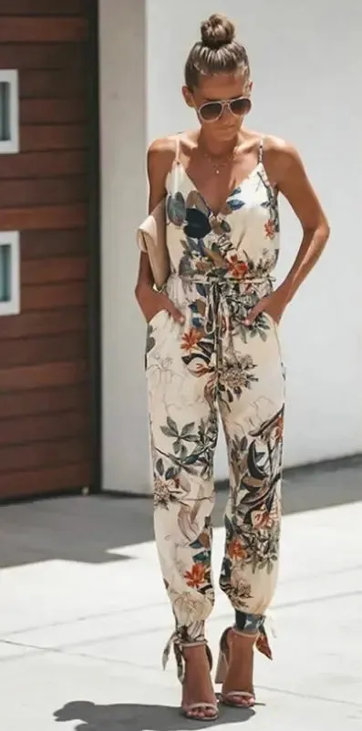 Women's Jumpsuit Flowers Print Spaghetti Strap