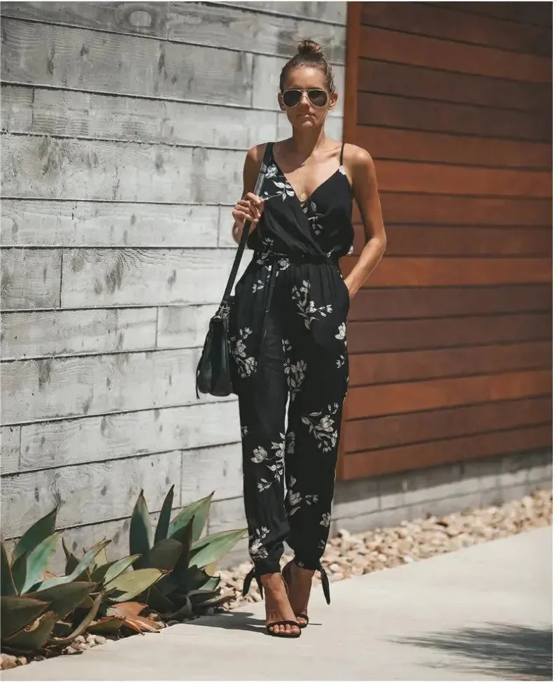 Women's Jumpsuit Flowers Print Spaghetti Strap