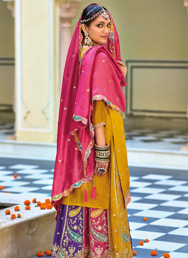 Yellow And Pink Multi Embroidery Festive Lehenga Kurti