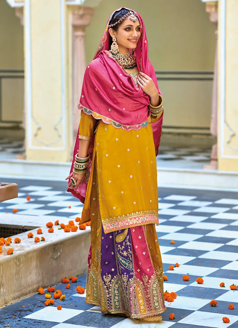 Yellow And Pink Multi Embroidery Festive Lehenga Kurti