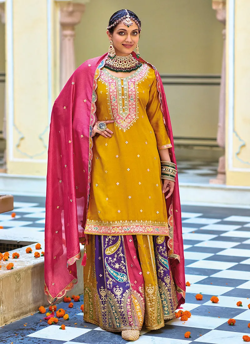 Yellow And Pink Multi Embroidery Festive Lehenga Kurti