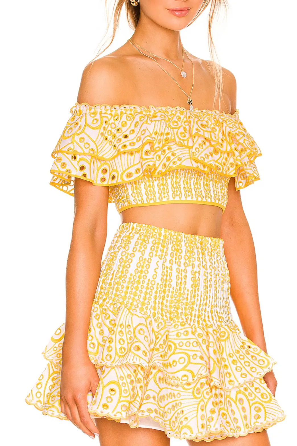 Yellow Embroidered Eyelet Mini Skirt