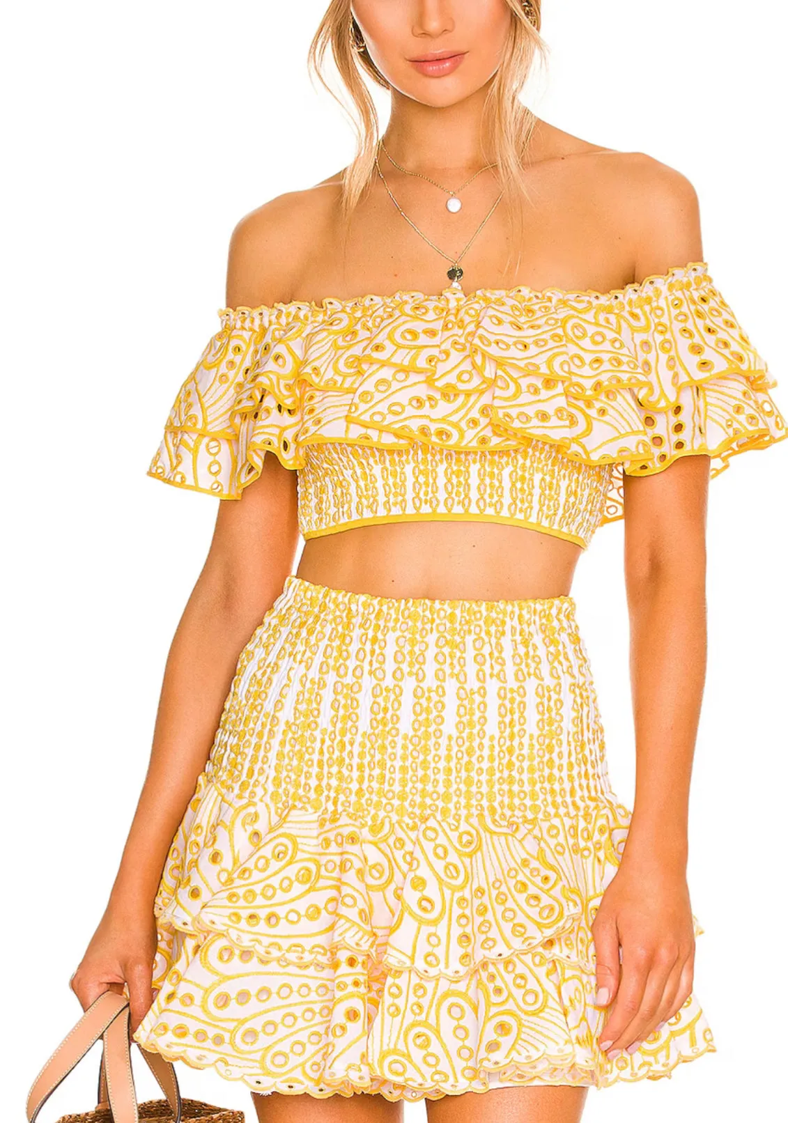 Yellow Embroidered Eyelet Mini Skirt